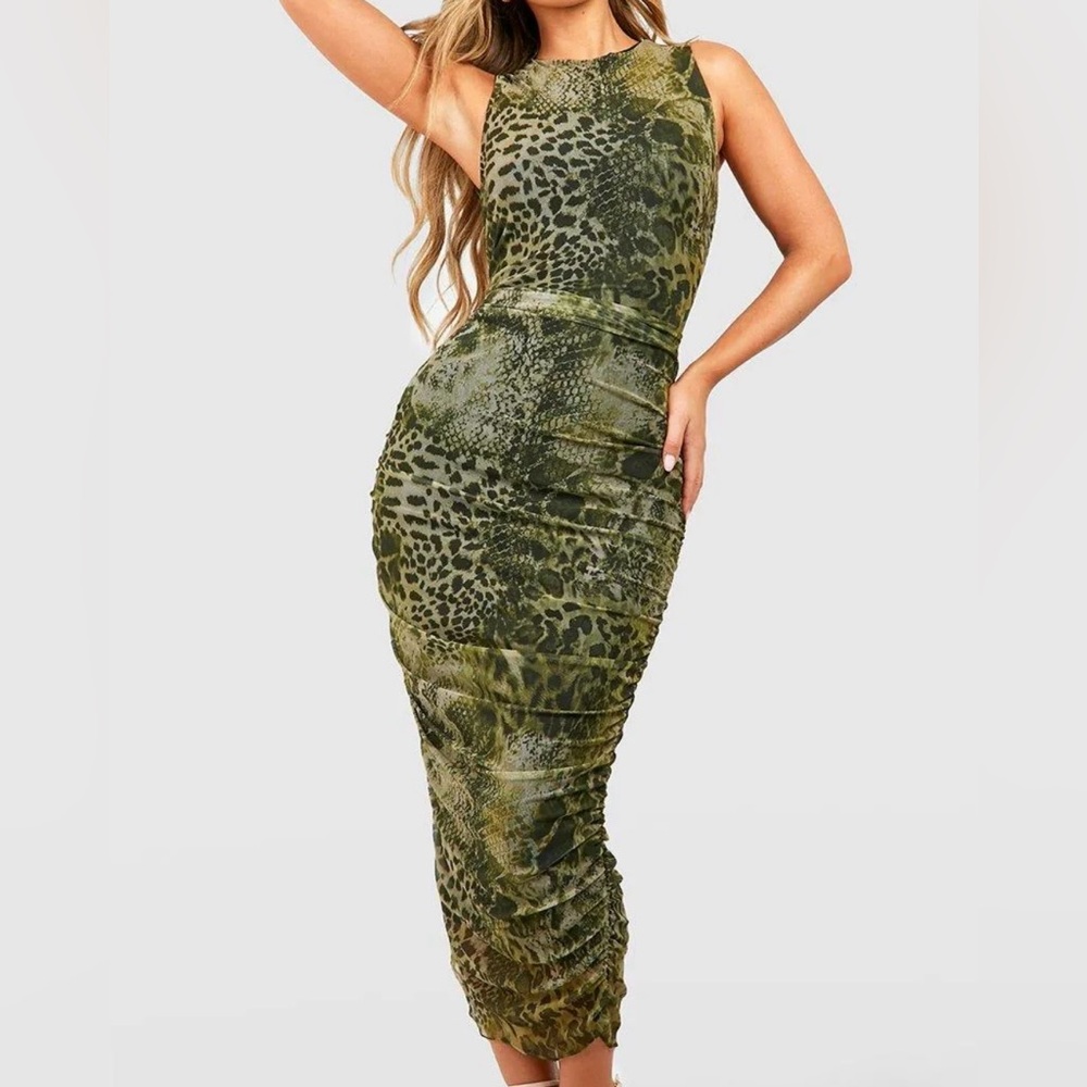 boohoo Animal Print Rouched Mesh Midaxi Dress